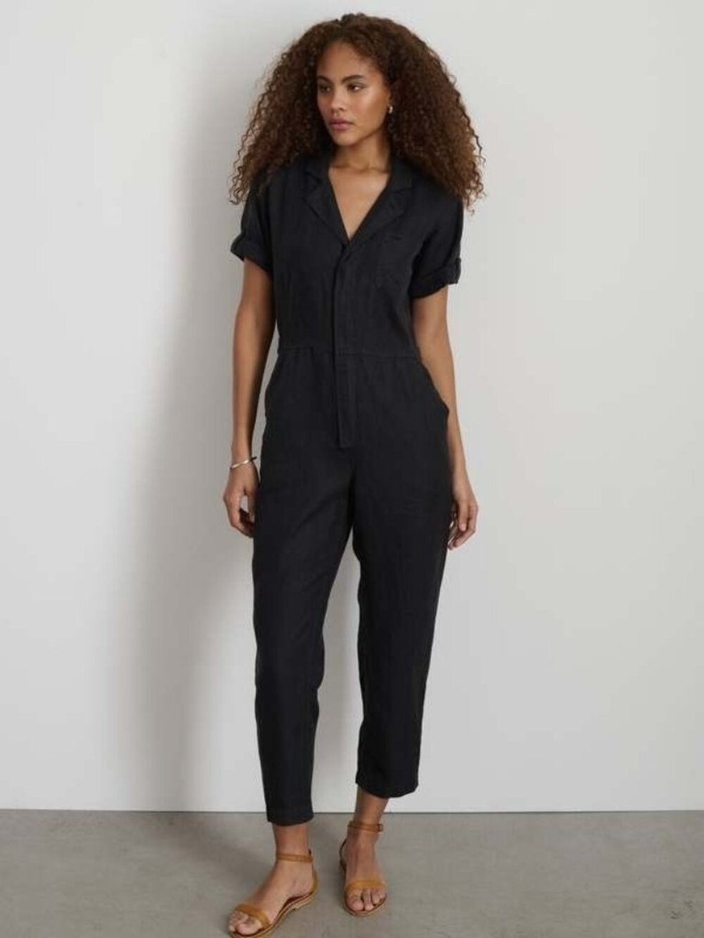 Alex Mill 100% Linen Jumpsuit Women's S Roll Sleeve Notch Collar Black